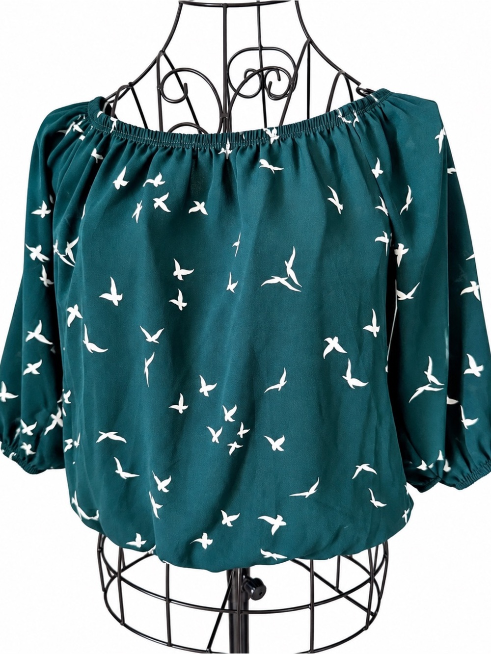 A’GACI Bird Print Off Shoulder Peasant Blouse 3/4 Sleeve